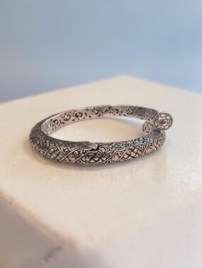 Sarda Bali Estate Sterling Silver & 18K Gold Ornate Hinged Bypass Bracelet